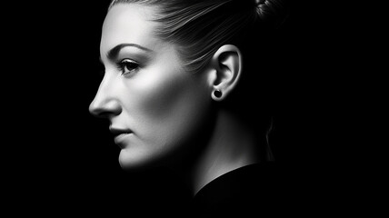 Black and white portrait of a beautiful young woman in profile on a black background generativa IA