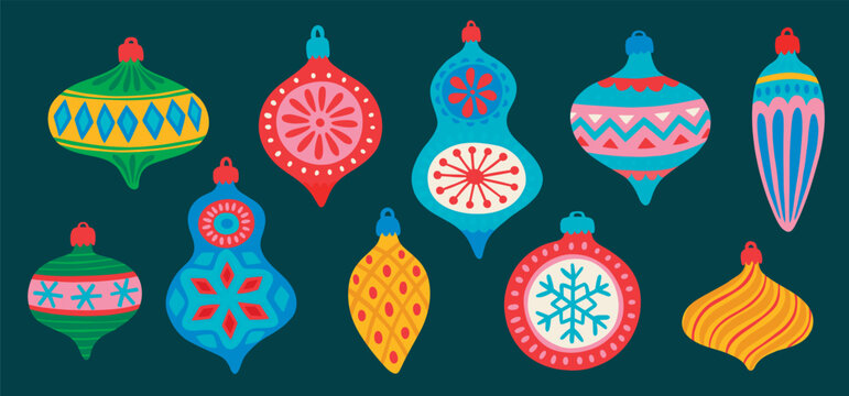 Christmas baubles set - hand drawn style. Vintage