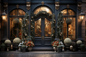 Obraz premium A retail storefront adorned with holiday decorations, exemplifying the festive season's impact on retail businesses. Generative Ai.