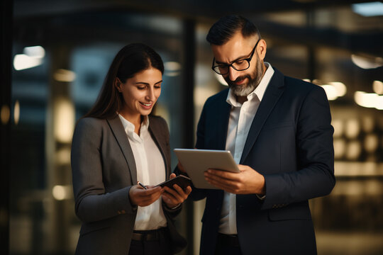 A Professional Businesswoman And A Man Working Using A Digital Tablet. Discussing Financial Market Data Standing At A Corporate Office. Smile On Their Face. Successful Business Concept. 