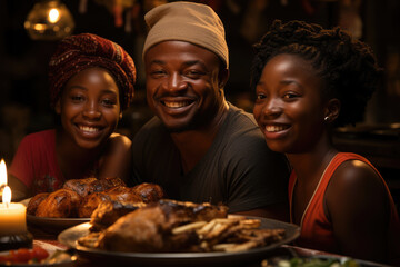 A Nigerian family feasting on a variety of dishes during Christmas, showcasing the rich culinary traditions of the country. Generative Ai. - obrazy, fototapety, plakaty