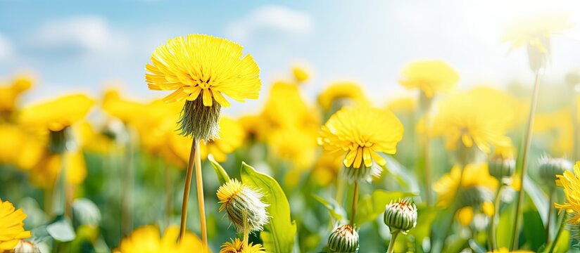 Close up view of yellow dandelions in a field Wildflowers in shades of yellow Dandelions typical of the spring season