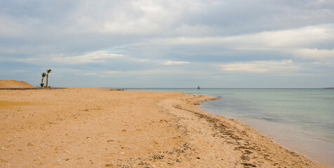 panorama of Sahl Hasheesh in Egypt for summer background with sea, beach, sun and palm trees