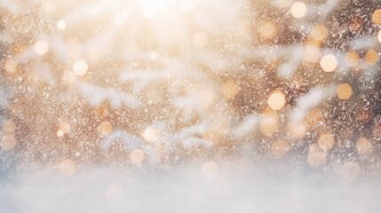 Winter Christmas background with snow and blurred light bokeh effect - obrazy, fototapety, plakaty