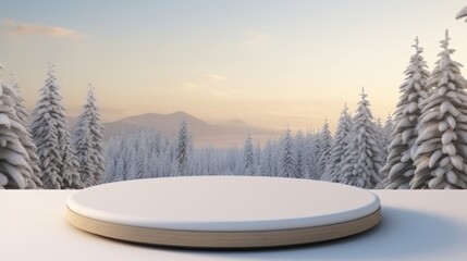 Winter Christmas Product podium on the background of drifts, snowflakes and snow, background landscape nature with trees