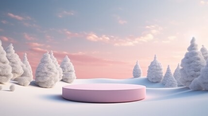 Winter Christmas Product podium on the background of drifts, snowflakes and snow, background landscape nature with trees