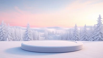 Photo sur Plexiglas Rose clair Winter Christmas Product podium on the background of drifts, snowflakes and snow, background landscape nature with trees