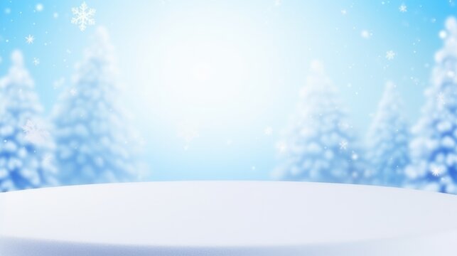 Winter Christmas Product podium on the background of drifts, snowflakes and snow, background landscape nature with trees