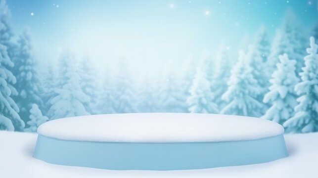 Winter Christmas Product podium on the background of drifts, snowflakes and snow, background landscape nature with trees