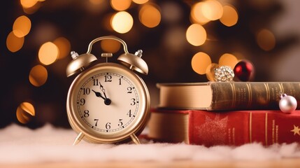 Christmas background with table clock and alarm clock - obrazy, fototapety, plakaty
