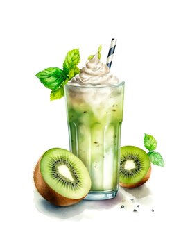 Kiwi milk cocktail on white background in watercolor style.