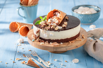 Unique cookie cake with cream and chocolate glaze.
