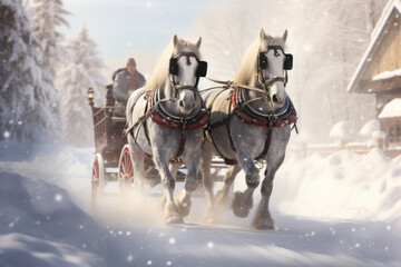 A snow-covered sleigh ride through a picturesque countryside, pulled by majestic horses, capturing the timeless charm of a winter sleigh adventure. Generative Ai.
