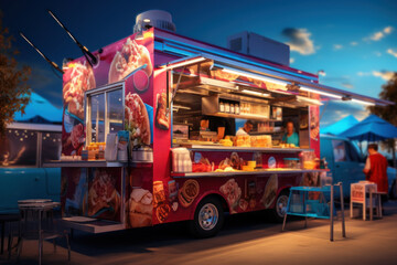 A food truck operating at a city festival, serving a variety of culinary delights. Generative Ai.