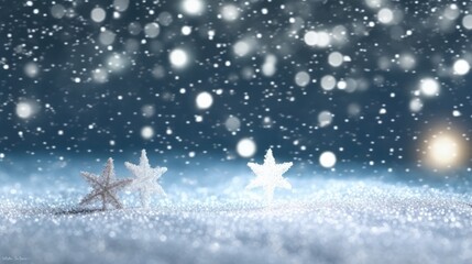 Winter Christmas background with snow and blurred light bokeh effect