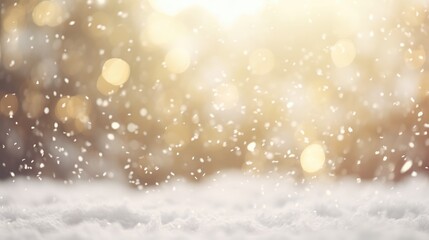 Winter Christmas background with snow and blurred light bokeh effect
