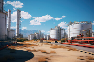 A glimpse into a vast industrial facility with large storage tanks and silos used for storing raw materials. Generative Ai.
