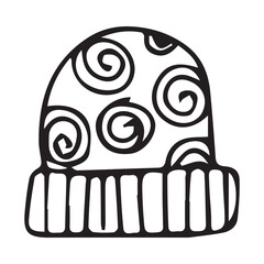 Cartoon silhouette of a knitted hat, clothes for a hat with Christmas and new year, seasonal warm wool. vector. doodle. on a white background.