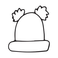 Cartoon silhouette of a knitted hat, clothes for a hat with Christmas and new year, seasonal warm wool. vector. doodle. on a white background.