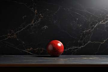 A simple yet striking scene of an empty black marble countertop, set against a black wall. Generative Ai.