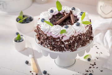 Homemade blueberry cake with cream and chocolate flakes.