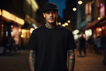 Obraz premium Mock-up for a streetwear brand, featuring a model wearing a blank black tee. Generative Ai.