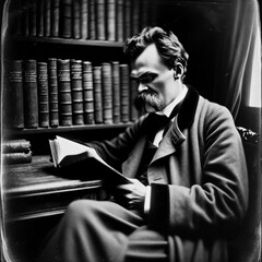 Nietzsche Reading Plato's Republic. Generative AI.