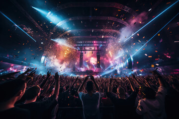 A dynamic live concert with a passionate crowd, stage lights, and confetti falling, evoking the...