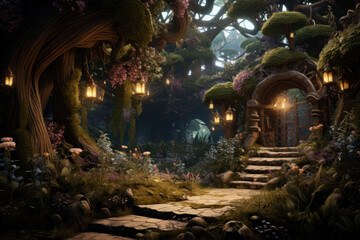 Fototapeta premium A whimsical, fairy-tale-inspired forest filled with enchanted creatures, offering a glimpse into the world of fantasy. Generative Ai.