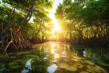 Mangrove forest at sunrise.Mangrove forest view.Wild jungle and river.