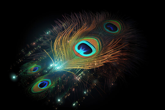 Image of peacock's feathers with technology concept on black background. Animals.