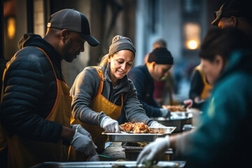 A group of volunteers serving meals to the homeless, exemplifying compassion and kindness. Generative Ai. - obrazy, fototapety, plakaty