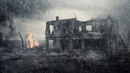 a house damaged by fire, the consequences of destruction, the remains of a house standing alone, a village cottage destroyed by fire, the remains of ash and smoke depressive concept of misfortune