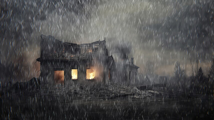 a house damaged by fire, the consequences of destruction, the remains of a house standing alone, a village cottage destroyed by fire, the remains of ash and smoke depressive concept of misfortune - obrazy, fototapety, plakaty