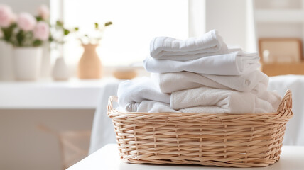 Fototapeta na wymiar a basket with clean linen in an atmosphere of home comfort with natural soft lighting