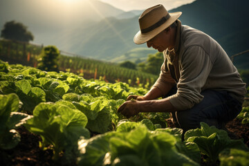 A farmer tending to their crops in a sunlit field, showcasing the dedication of agricultural work. Generative Ai.