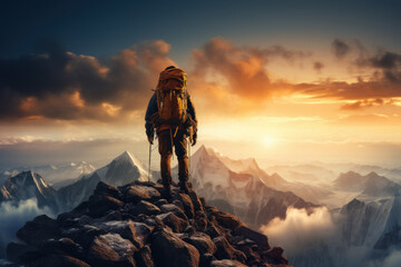 A mountain climber reaching a stunning summit, representing determination and adventure. Generative Ai.
