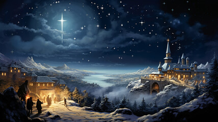 biblical landscape night under the Christmas star, the birth of the savior, sign prediction symbol, religious christian plot,  computer graphics