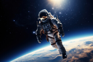 An astronaut floating in space, gazing at Earth from afar, illustrating the awe of outer space...