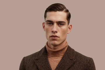 A photorealistic portrait of a young man with slicked-back hair, wearing a turtleneck and a herringbone jacket.