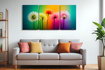 Cozy living room with three vertical artwork of vibrant gentle calming colourful. 3d rendering.