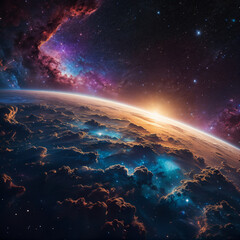 Beautiful space with a lot of stars and cosmic clouds in red, yellow and blue colors