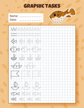 Drawing by cells. Educational game for preschool children. Worksheets with fish for practicing logic, motor skills. Graphic tasks for kids with different objects and elements. Vector illustration.