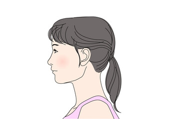 女性の横顔のイラスト 束ねた髪の若い日本人女性の横向き 上半身バストアップ