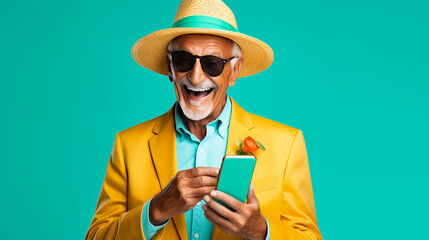 lachender alter Mann mit guter Laune und positiver Ausstrahlung vor farbigem Hintergrund in 16:9 - obrazy, fototapety, plakaty