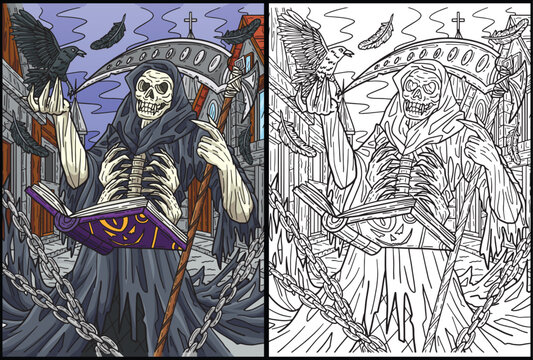 Halloween Grim Reaper Coloring Page Illustration