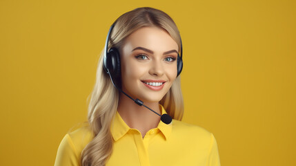 Kundenbetreuerin mit Headset gelber Hintergrund