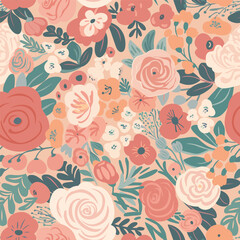 Seamless romantic pattern with summer blooming flowers peonies and roses on a beige background. Vector format.