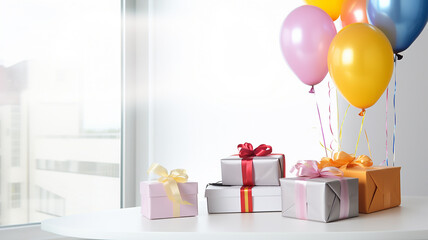 gift boxes and balloons decoration, on a light background of an office desk, corporate gifts for a holiday