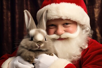 Santa Claus with bunny rabbit, christmas holiday pet photo shoot